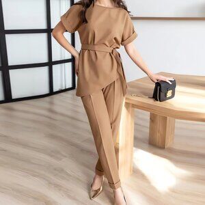 🎨Round neck beveled suit belt top suit fashionable casual long pants suit